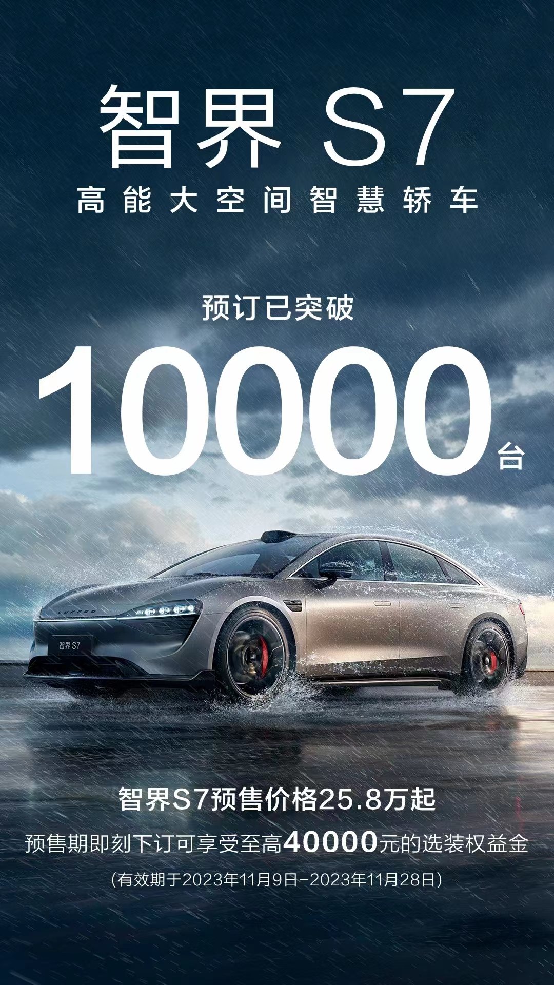华为智选车首款轿车「智界S7」预订量突破1万辆